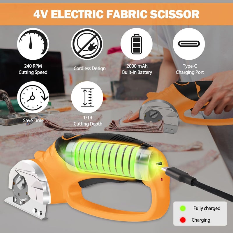 Pratuor Cordless Electric Scissors, 4V Box Cutter & Cardboard Cutter with 2 Titanium Blades - Rotary Cutter with LED Light for Fabric, Leather, Carpet, Plastic, Crafting + Storage Case (Orange) - Image 4